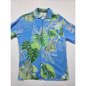 28 Palms Mens Blue Silk Tropical Monstera Leaf Hawaiian Camp Shirt Small Relaxed